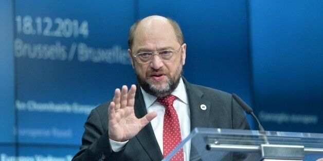 BRUSSELS, BELGIUM -DECEMBER 18: European Parliament President Martin Schulz attends a press conference on the first day of the European Council meeting at the European Council headquarters in Brussels, Belgium on December 18, 2014. (Photo by Dursun Aydemir/Anadolu Agency/Getty Images)