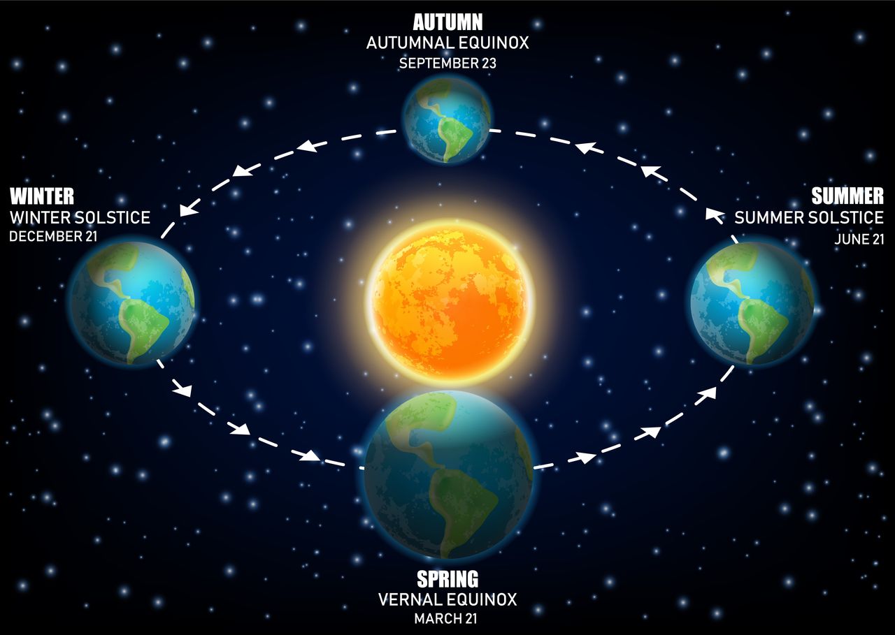 Vector diagram illustrating Earth seasons. Autumnal and vernal equinoxes, winter and summer solstices concepts.