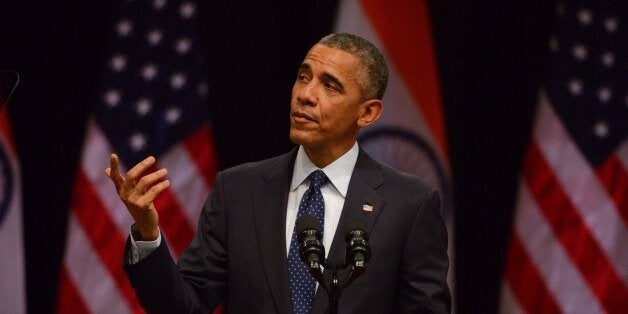 NEW DELHI, INDIA - JANUARY 27: U.S. President Barack Obama addresses at Siri Fort Auditorium on January 27, 2015 in New Delhi, India. Obama said, 'We believe in the promise of India, we believe in the people of India. We are proud to be your partner as you build the country of your dreams. We are not perfect countries, have known tragedies and triumphs, have lot of challenges, but our two nation posses the key to progress.' He spoke on the topic 'India & America: the future we can build together