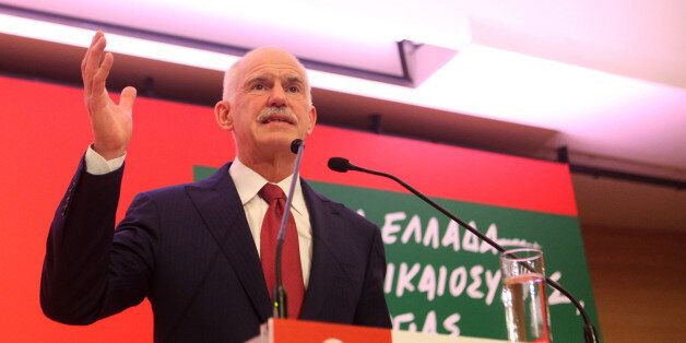 ATHENS, GREECE - JANUARY 3: Former Greek Prime Minister George Papandreou announces that he sets up a new political party Democrat Socialists Movement (Kinima Dimokraton Sosialiston) ahead of Greece early elections, in Athens, Greece, on January 3, 2015. (Photo by Ayhan Mehmet/Anadolu Agency/Getty Images)