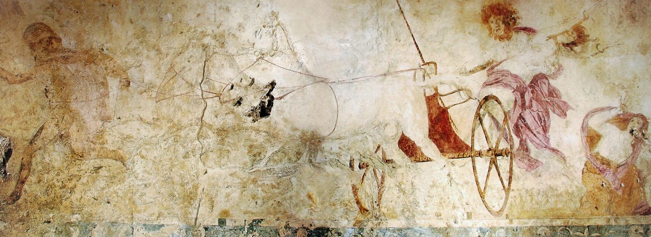 Η αρπαγή της Περσεφόνης (Πανοραμική φωτογραφία). Η τοιχογραφία με την αρπαγή της Περσεφόνης έχει βρεθεί σε έναν κιβωτιόσχημο τάφο στις Αιγές, με διαστάσεις 3Χ4,5 μ., που χρονολογείται γύρω στο 350 π.Χ. .