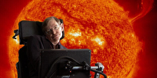 Stephen Hawking in front of sun with coronal mass ejections.