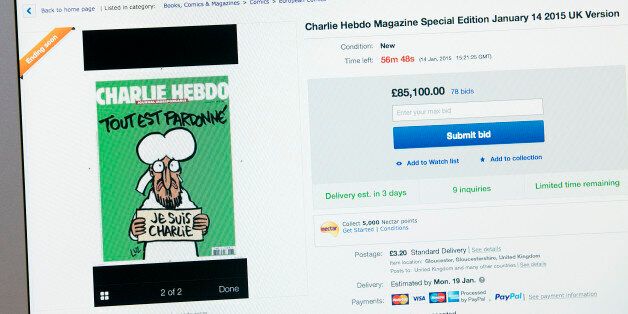 LONDON, UNSPECIFIED - JANUARY 14: The first edition of Charlie Hebdo magazine since last weeks attack on the magazines office in Paris is pictured on sale on eBay on January 14, 2015 in London, England. The magazine, featuring a picture of the Prophet Muhammad on its cover, is yet to go on sale in newsagents in the UK but is already being sold online where it is fetching hundreds of pounds. (Photo by Carl Court/Getty Images)