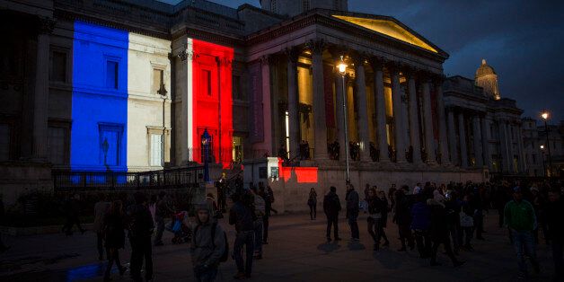 LONDON, ENGLAND - JANUARY 11: The National Gallery is lit in the blue, white and red colours of the national flag of France in tribute to the victims of the terrorist attacks in Paris on January 11, 2015 in London, England. The terrorist atrocities started on Wednesday with the attack on the French satirical magazine Charlie Hebdo, killing 12, and ended on Friday with sieges at a printing company in Dammartin en Goele and a Kosher supermarket in Paris with four hostages and three suspects being