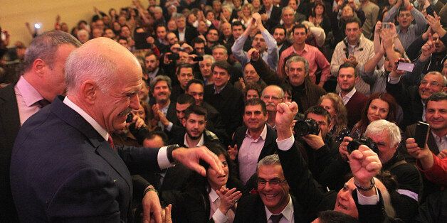 ATHENS, GREECE - JANUARY 3: Former Greek Prime Minister George Papandreou announces that he sets up a new political party Democrat Socialists Movement (Kinima Dimokraton Sosialiston) ahead of Greece early elections, in Athens, Greece, on January 3, 2015. (Photo by Ayhan Mehmet/Anadolu Agency/Getty Images)