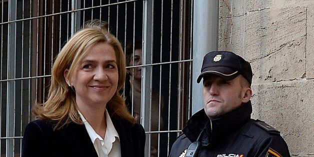 Spain's Princess Cristina arrives at the courthouse of Palma de Mallorca in Palma Mallorca, Spain, Saturday, Feb. 8, 2014. Princess Cristina headed into court on Saturday for a historic judicial hearing to help determine whether she and her husband illegally used funds from a company to pay for expenses, including expensive parties at their modernist Barcelona mansion. (AP Photo/Manu Fernandez)