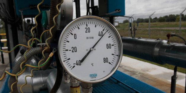 A gas pressure gauge in the boosting compressor station ''East-Poltava'' near the village of Kovalivka, Poltava region some 357 kilometers of Kiev, Ukraine, Friday, June 27, 2014. Russia's state-controlled gas company, Gazprom, warned its European customers Friday that it could limit supplies to those European countries that intend to re-sell the natural gas on to Ukraine. (AP Photo/Sergei Chuzavkov)