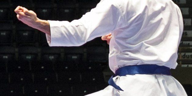 Damian Quintero of Spain in action during the finals of the men's Kata, at the Karate European Championship, Saturday May 3, 2014 in Tampere, Finland. (AP Photo/TT News Agency, Aleksi Tuomola) FINLAND OUT