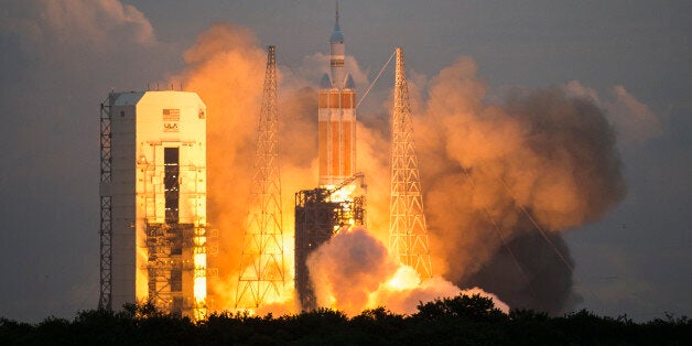 CAPE CANAVERAL , FL - December 5: The space craft Orion lifts off from the launch pad at Space Launch Complex 37 on Friday, December 5, 2014 at the Cape Canaveral Air Force Station in Cape Canaveral, Florida. Orion fitted with United Launch Alliance's Delta IV Heavy rocket traveled into space to orbit Earth twice before returning into the Pacific Ocean near the coast of San Diego. (Photo By Brent Lewis/The Denver Post via Getty Images)