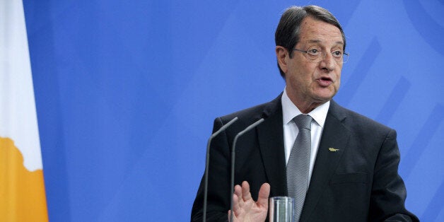 BERLIN, GERMANY - MAY 6: Cyprus President Nikos Anastasiadis speaks to the media following talks at the Chancellery on May 6, 2014 in Berlin, Germany. Anastasiadis and German Chancellor Angela Merkel are meeting on a variety of issues, including the current crisis in eastern Ukraine. (Photo by Christian Marquardt/Getty Images)