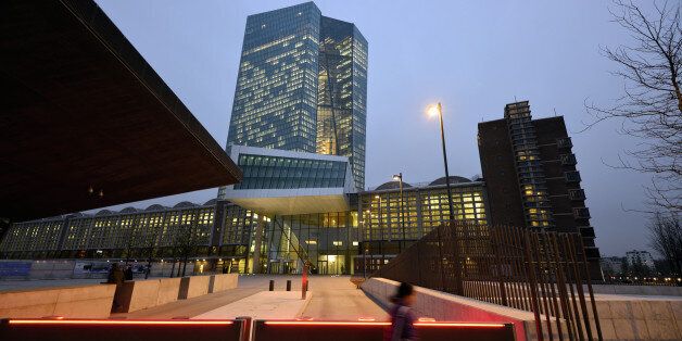 FRANKFURT AM MAIN, GERMANY - DECEMBER 04: General view of the new headquaters of the European Central Bank (ECB) pictured in the twilight on December 4, 2014 in Frankfurt am Main, Germany. Mario Draghi, President of the European Central Bank, has held his first press conference press conference following the monthly ECB board meeting in the new ECB headquaters. (Photo by Thomas Lohnes/Getty Images)