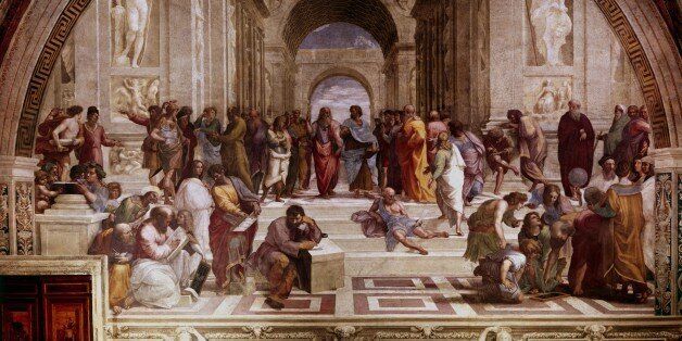 UNSPECIFIED - : The School of Athens' showing Greek philosophers and scientist with Plato (428-348 BC) and his pupil Aristotle (384-322 BC) in the centre. Raphael (1483-1520) Raffaello Santi, Italian painter. Vatican. (Photo by Universal History Archive/Getty Images)
