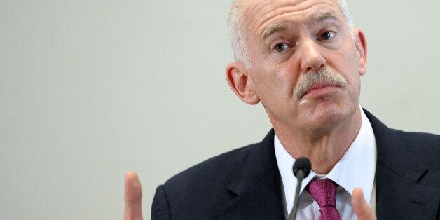 Socialist leader and former Greek Prime minister George Papandreou takes part in a debate about the Greek crisis, in Strasbourg, eastern France, on March 16, 2012. AFP PHOTO / PATRICK HERTZOG (Photo credit should read PATRICK HERTZOG/AFP/Getty Images)