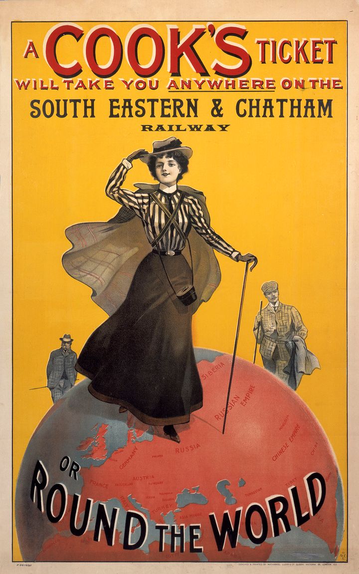 Poster produced for the South Eastern & Chatham Railway (SE&CR) to promote rail links with round the world travel tickets offered by Thomas Cook & Son.