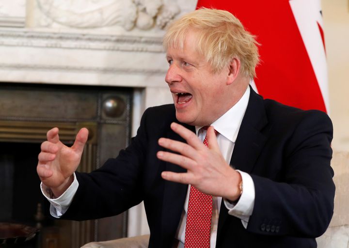 Britain's Prime Minister Boris Johnson adresses Qatar's Emir Sheikh Tamim bin Hamad Al Thani during their meeting at Downing Street in London, Britain September 20, 2019 Frank Augstein/Pool via REUTERS