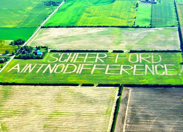 Federal Liberal candidate Danielle Takacs shared this photo of a message ploughed in John Langs' field in the Brantford, Ont., area on Sept. 20, 2019.