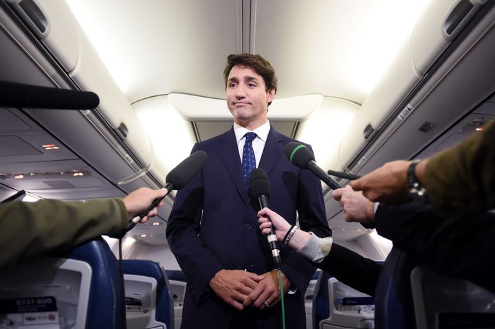Liberal Party leader Justin Trudeau makes a statement in regards to a 2001 photo of himself wearing brownface during a scrum on his campaign plane in Halifax, N.S., on Sept. 18, 2019.