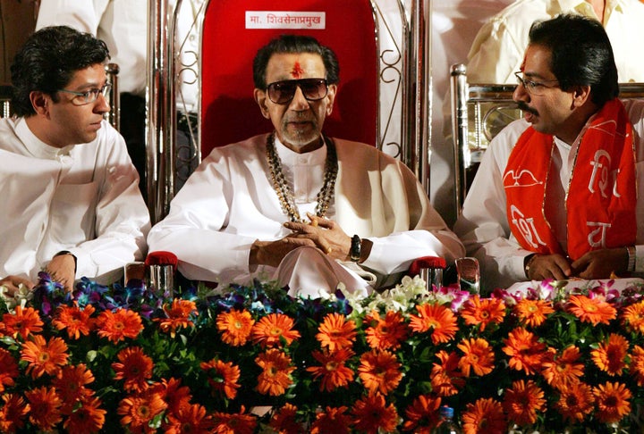 Raj Thackeray, Balasaheb Thackeray and Uddhav Thackeray at a rally in October 2005. 