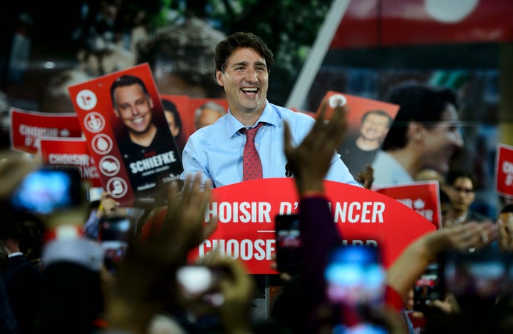 Liberal Leader Justin Trudeau attends a rally in Montreal, Que., on Sept. 13, 2019.