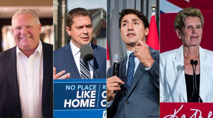 Ontario Premier Doug Ford, Conservative Leader Andrew Scheer, Liberal Leader Justin Trudeau and former Ontario premier Kathleen Wynne are shown in a composite image.