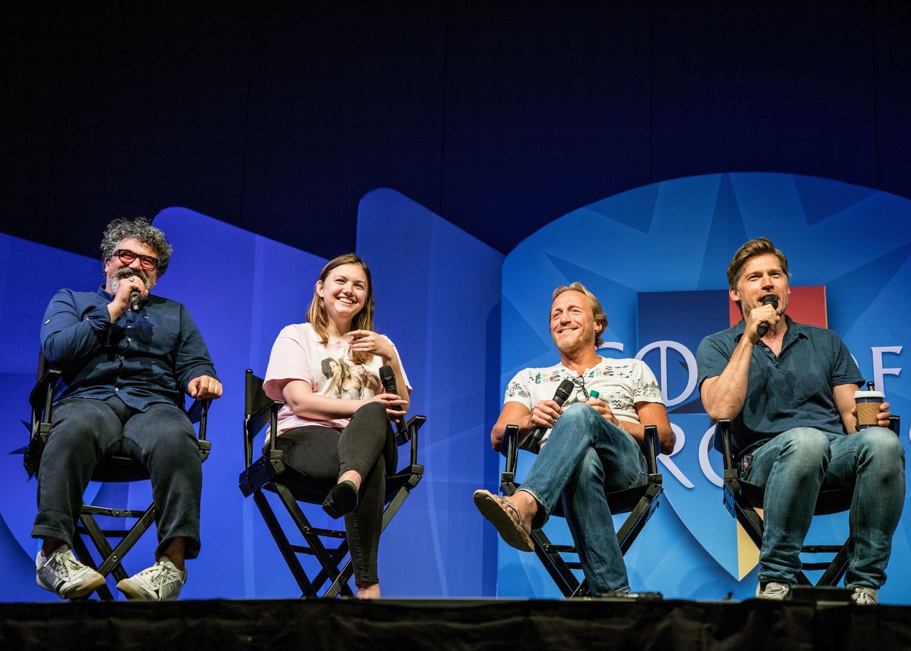 Actors Miltos Yerolemou, Hannah Murray, Jerome Flynn and Nikolaj Coster-Waldau answer questions during an interview for the 2019 Con Of Thrones.