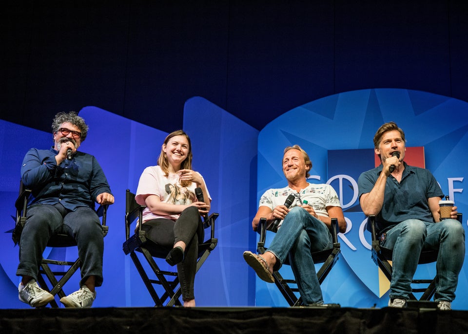 Actors Miltos Yerolemou, Hannah Murray, Jerome Flynn and Nikolaj Coster-Waldau answer questions during...