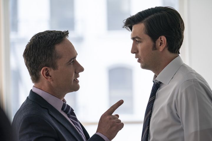 On HBO's "Succession," Greg (Nicholas Braun, right) tapes Tom (Matthew Macfadyen) to gather incriminating evidence on him. If you're attempting to do the same as an employee, you need to consider your jurisdiction.