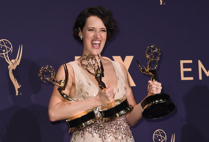 Phoebe Waller-Bridge poses with the Emmy for Outstanding Writing for a Comedy Series, Outstanding Lead Actress In A Comedy Series and Outstanding Comedy Series for "Fleabag" during the 71st Emmy Awards at the Microsoft Theatre in Los Angeles on September 22, 2019. 