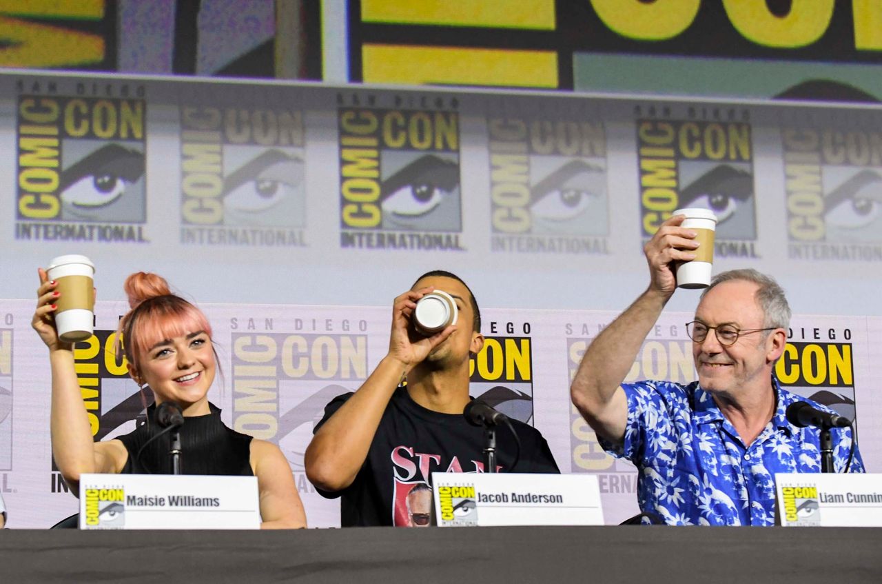 Maisie Williams, Jacob Anderson, and Liam Cunningham at “Game Of Thrones” Comic Con 2019. (Photo by Jeff Kravitz/FilmMagic for HBO)