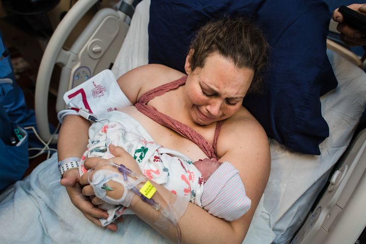 Sara Peach with her newborn son.