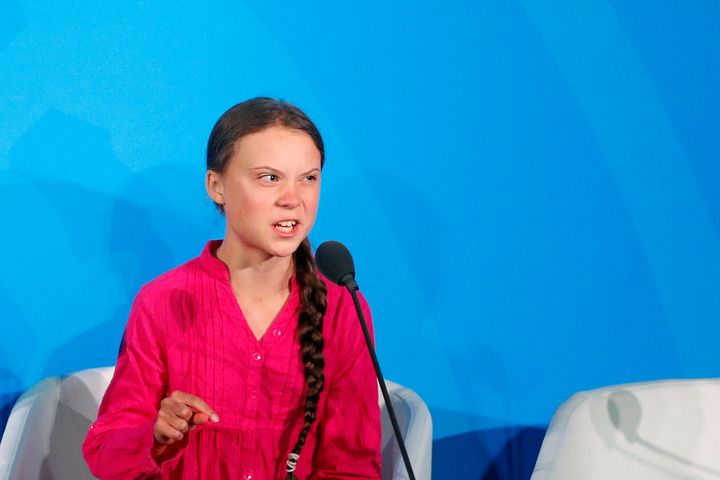 Environmental activist Greta Thunberg addresses the UN Climate Action Summit, Sept. 23, 2019.