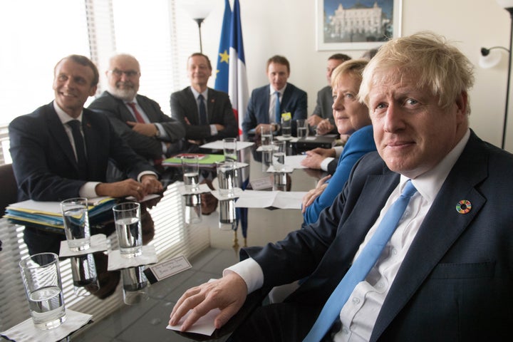 Prime Minister Boris Johnson holds a Trilateral meeting with Chancellor Merkel of Germany and President Macron of France at the United Nations Headquarters in New York, USA, ahead of the 74th Session of the UN General Assembly.