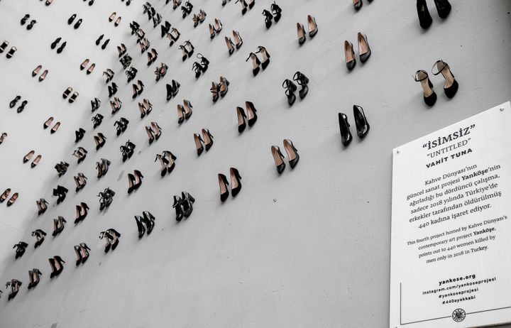 ISTANBUL, TURKEY - SEPTEMBER 12: Art design representing the 440 women those who were killed in 2018, made with 440 high heels by graphic designer, musician and artist Vahit Tuna, is displayed on a wall to raise awareness to the violence against woman in Istanbul, Turkey on September 12, 2019. (Photo by Elif Ozturk/Anadolu Agency via Getty Images)