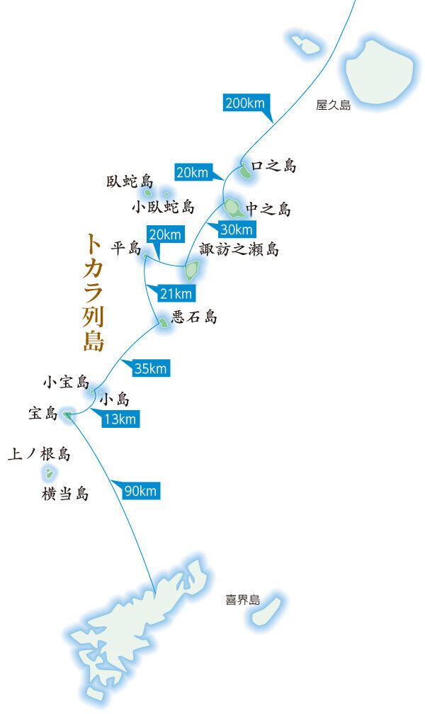屋久島と奄美大島の間にあるトカラ列島の地図。臥蛇島は屋久島寄りにあることが分かる。