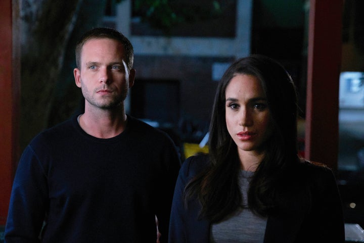 SUITS -- "P.S.L." Episode 610 -- Pictured: (l-r) Patrick J. Adams as Michael Ross, Meghan Markle as Rachel Zane -- (Photo by: Shane Mahood/USA Network/NBCU Photo Bank via Getty Images)