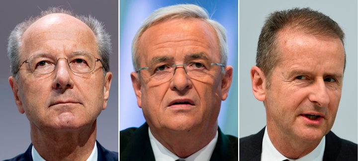 This combination of pictures shows (L-R) German car maker Volkswagen (VW) supervisory board chairman Hans Dieter Poetsch (on May 30, 2017 in Stuttgart), then VW CEO Martin Winterkorn (on March 13, 2014 in Berlin) and VW CEO Herbert Diess (on May 9, 2018 in Ingolstadt).