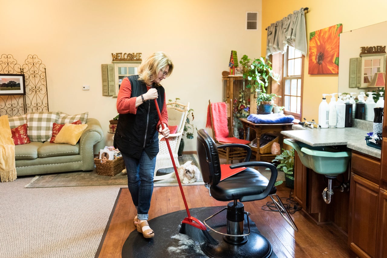 Carrell at her home hair salon in Saratoga, Wisconsin, on Sept. 20.