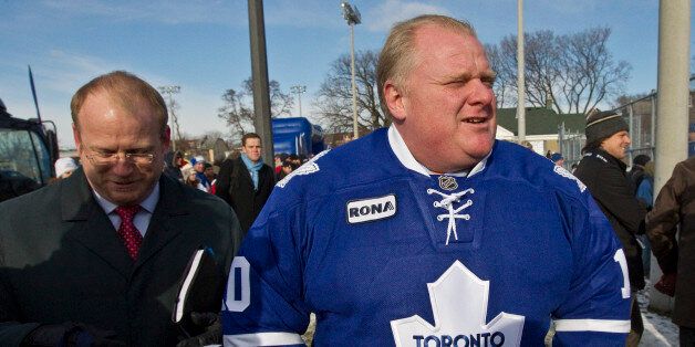 TORONTO, ON - DECEMBER 22: Toronto mayor Rob Ford dons a sweater presented to him by the Toronto Maple Leafs at their annual outdoor practice at Trinity Bellwoods Park, Wednesday morning, December 22, 2010. (Tara Walton/Toronto Star via Getty Images)