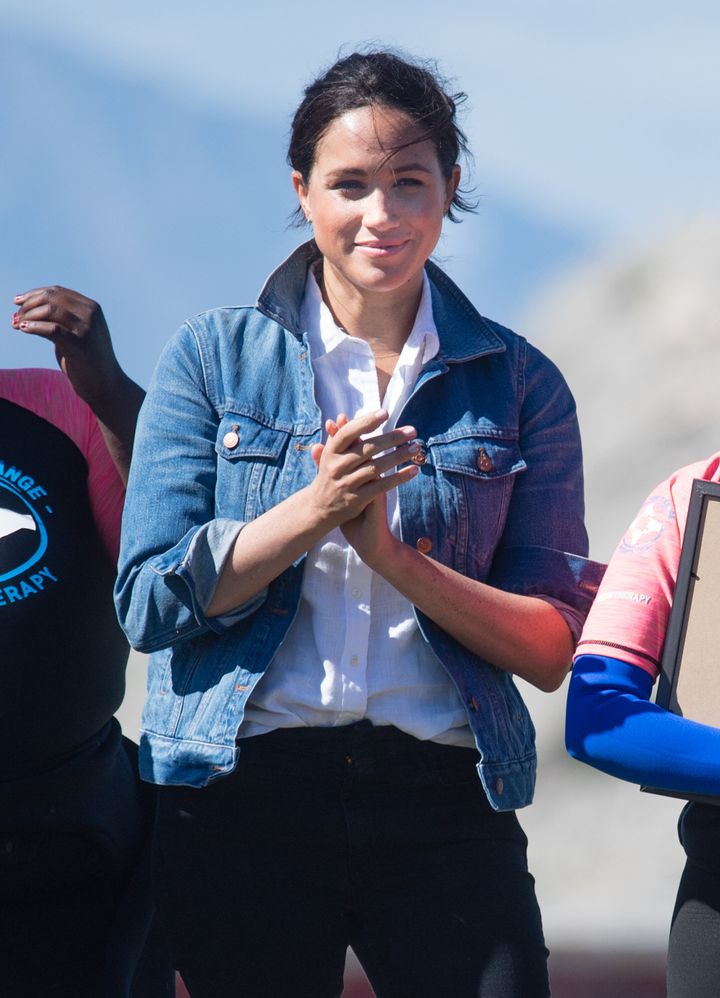 The Duchess of Sussex in denim on a visit to Manwabisi beach in South Africa on Sept. 24.