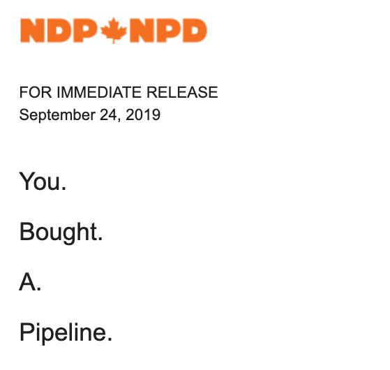 A screenshot of a press release from the NDP on Sept. 24, 2019