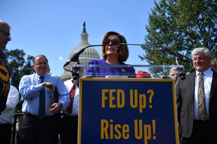 House Speaker Nancy Pelosi speaks at a Fed Up? Rise Up! rally outside the US Capitol in Washington, DC on Sept. 24, 2019. 