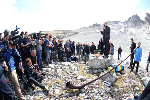 Matthias Huss, a glaciologist at the ETH Zurich and head of the glacier monitoring network Glamos, speaks during a mourning ceremony as awareness to climate change, for the disappearing Pizol glacier, in Mels, Switzerland, September 22, 2019. REUTERS/Denis Balibouse