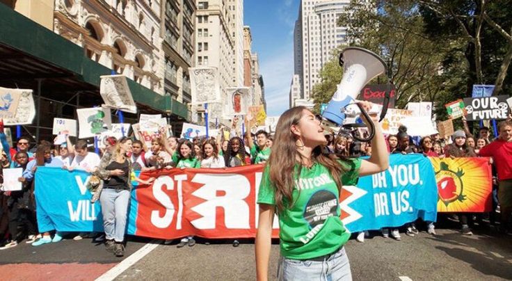 Xiye Bastida leading a chant at the Global Strike in New York City on Sept. 20, 2019.