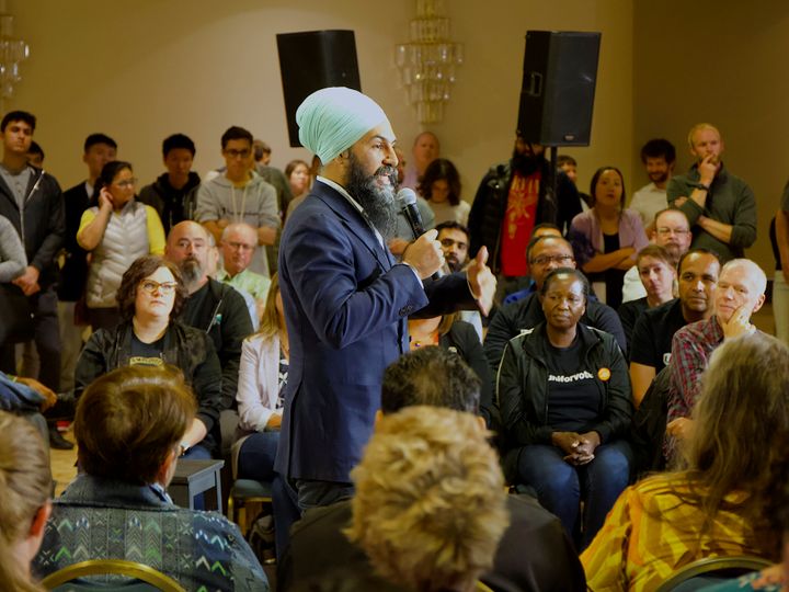 NDP Leader Jagmeet Singh addresses supporters at a town hall in Burnaby, B.C. on Sept. 24, 2019. 