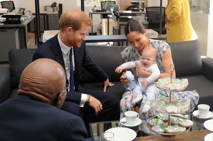 The Duke and Duchess of Sussex with their son Archie as they meet with Archbishop Desmond Tutu at the Tutu Legacy Foundation