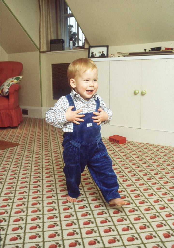 Barefoot Prince Harry takes his first steps at home in the playroom in Kensington Palace on Oct. 22, 1985.