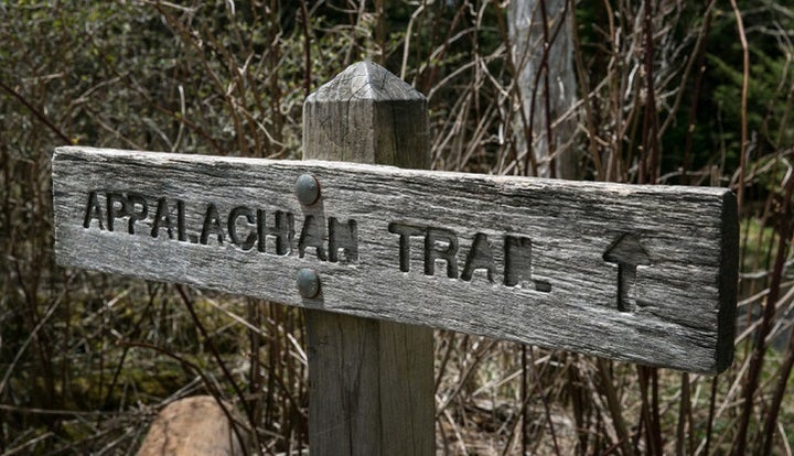 A trail sign for the Appalachian Trail in Cherokee, North Carolina. 