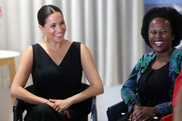 The Duchess of Sussex speaks with 12 inspiring female entrepreneurs as she visits Woodstock Exchange, a women founders/social entrepreneurs event during her royal tour of South Africa on Sept. 25.