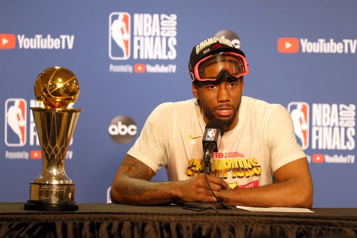 Kawhi Leonard giving a press conference following the conclusion of Toronto's win over the Golden State Warriors in the NBA finals.