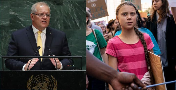 Australian Prime Minister Scott Morrison at the United Nations and 16-year-old Swedish climate activist Greta Thunberg.